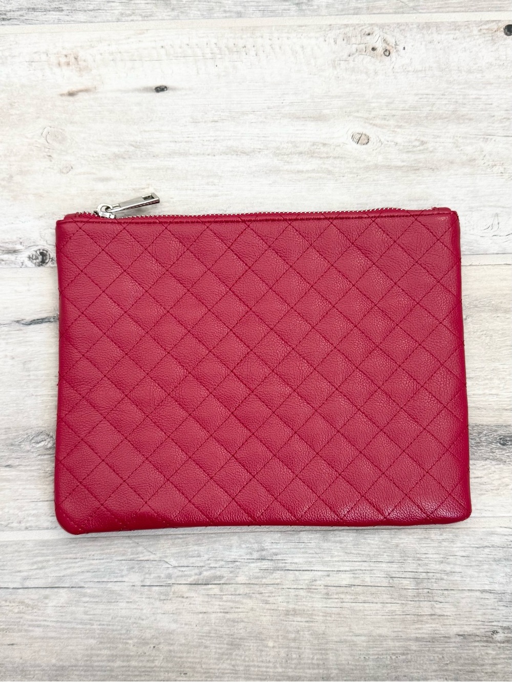 Red Faux Leather Quilted Zipper Pouch